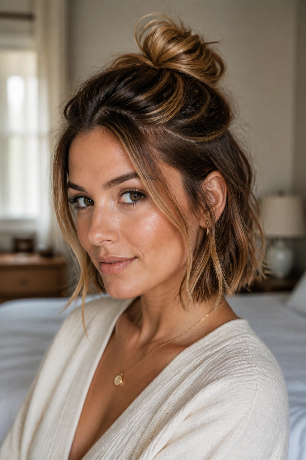 Close-up portrait of a real woman with a high half-up twist on short hair and caramel highlights framing the face