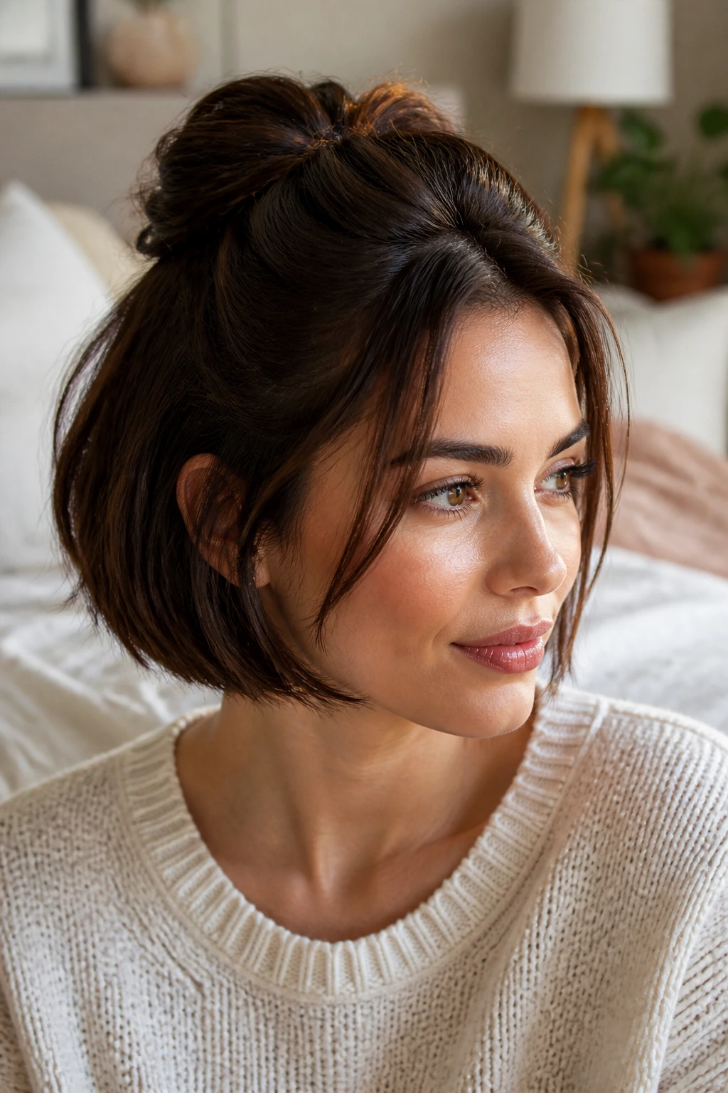 Close-up of a real woman with a high crown twist on short hair.