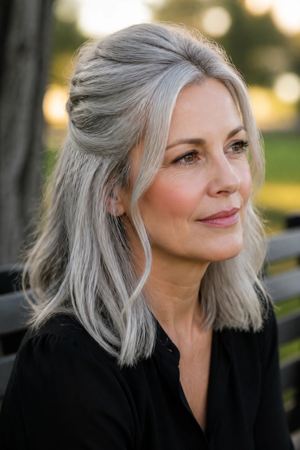 Real person with a half-up twist on midlength silver hair outdoors