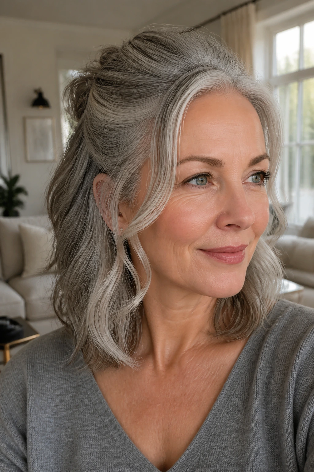 Close-up of a real woman with a half-up twist and silver waves around her face.