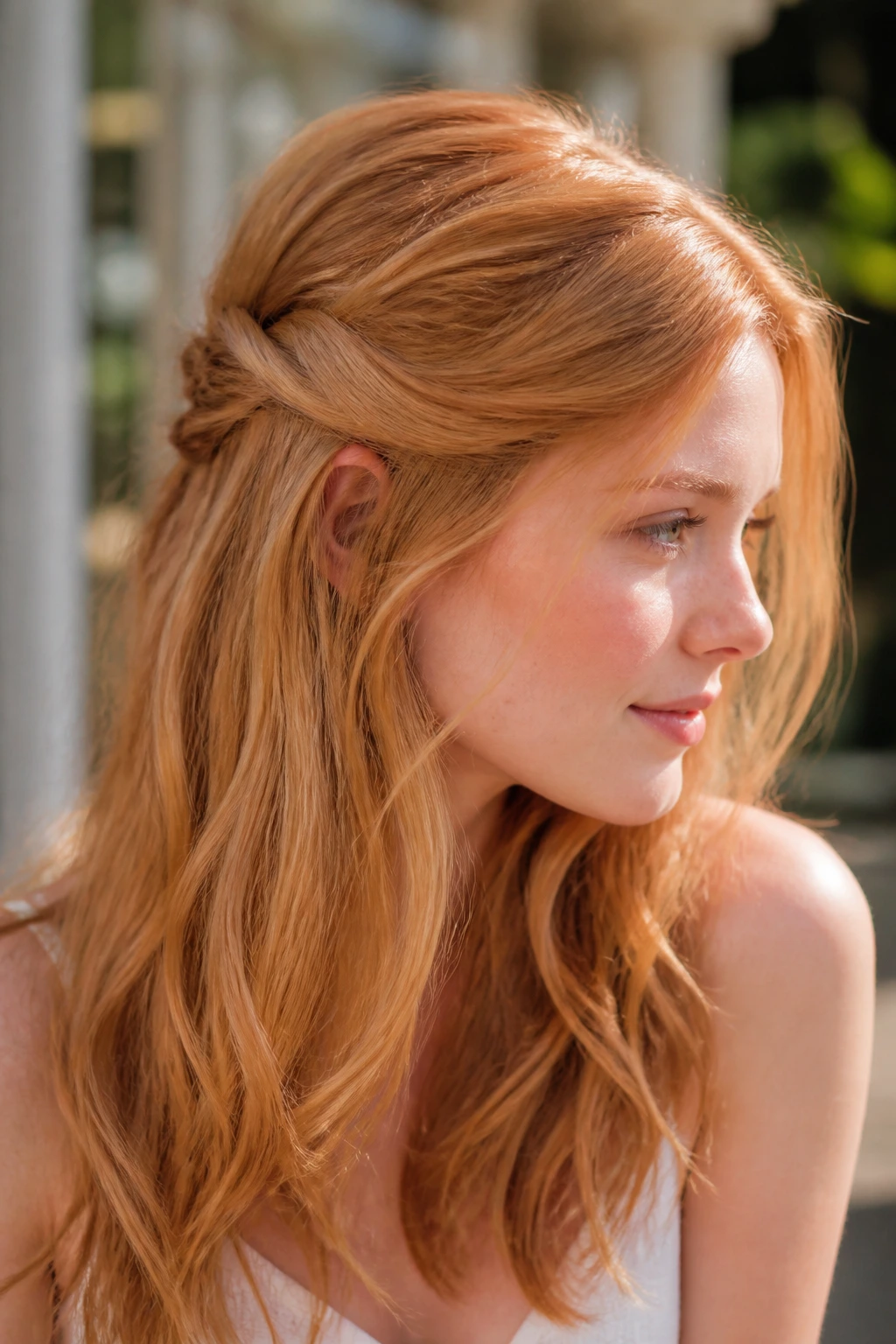 Close-up portrait of a real woman with a half-up twist and creamy strawberry shine in soft outdoor light