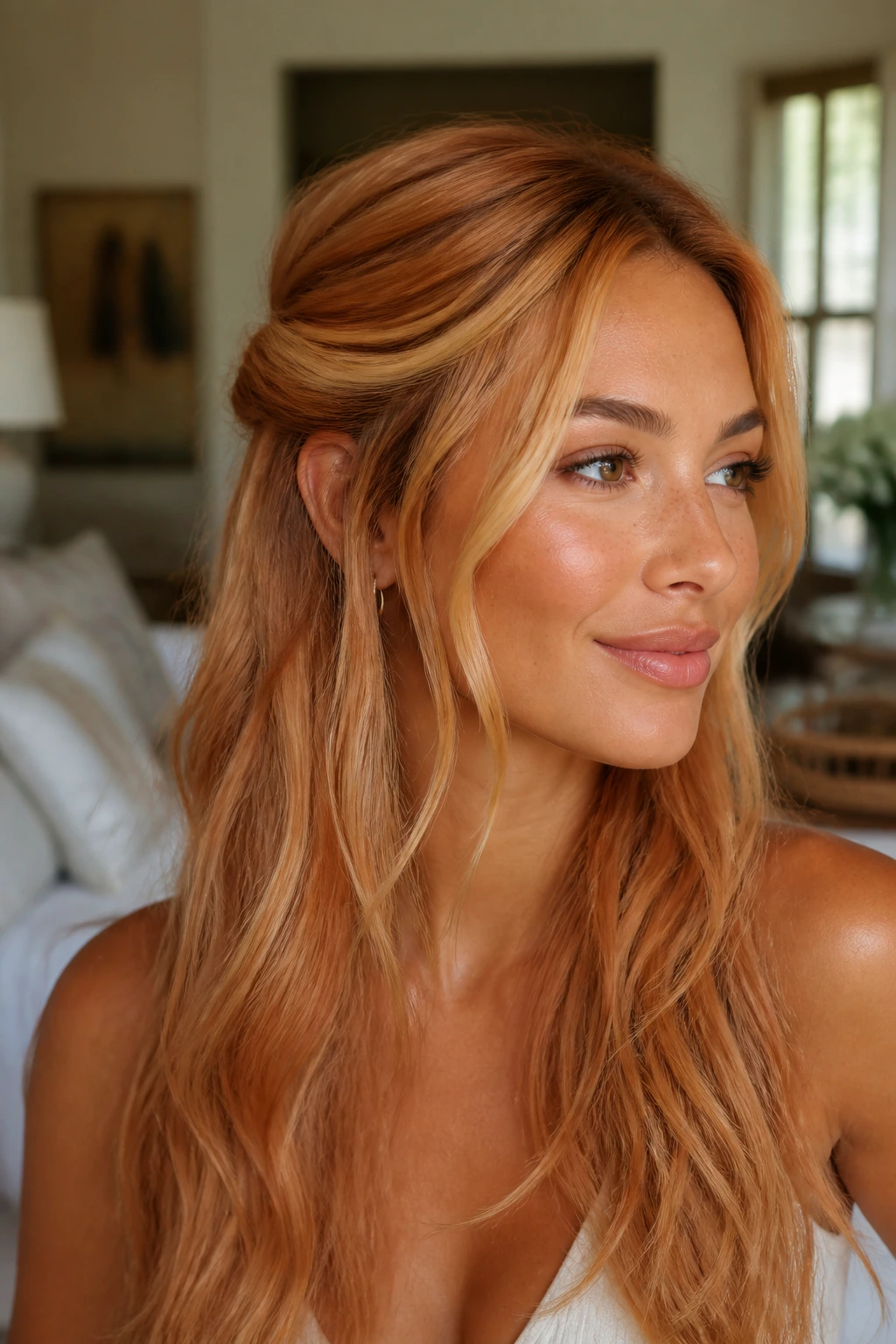 Close-up of a real woman wearing a half-up twist in warm strawberry blonde tones