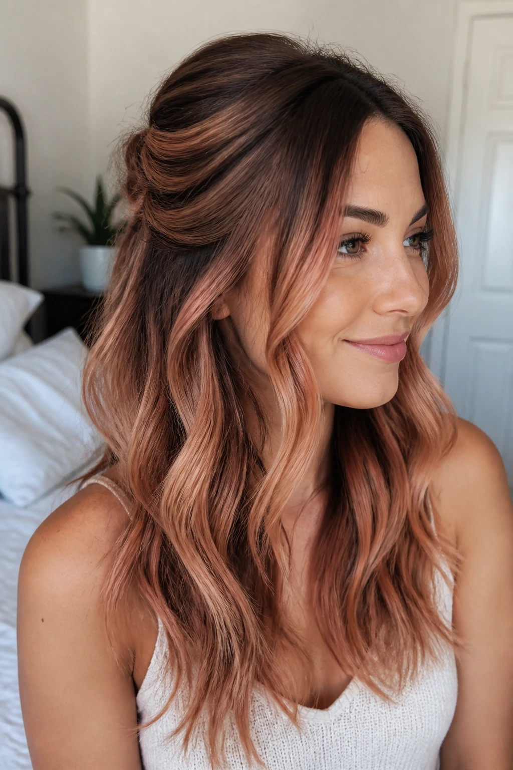 Close-up of real woman with half-up twist and rosy strawberry dimension