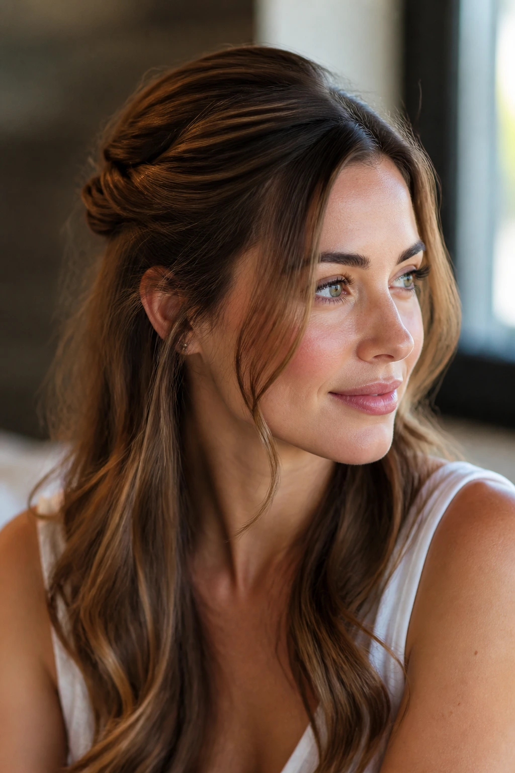 Close-up of a real woman with a romantic half-up twist and soft temple pieces