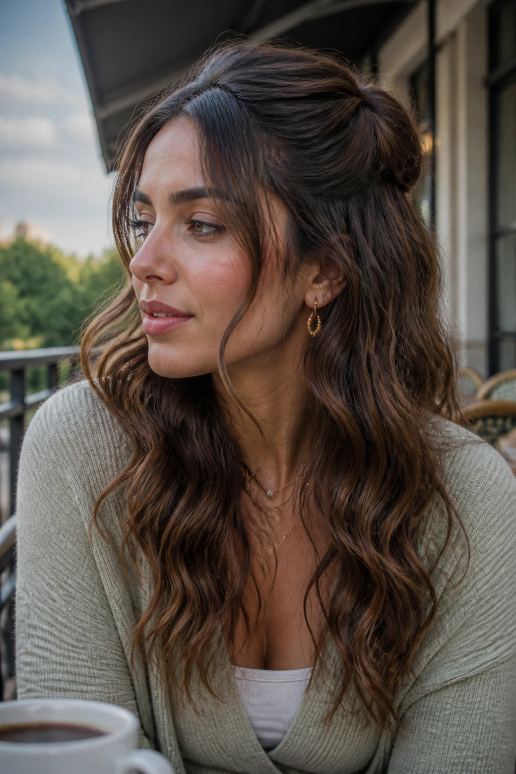 Portrait of woman with half-up twist and loose tendrils in natural light