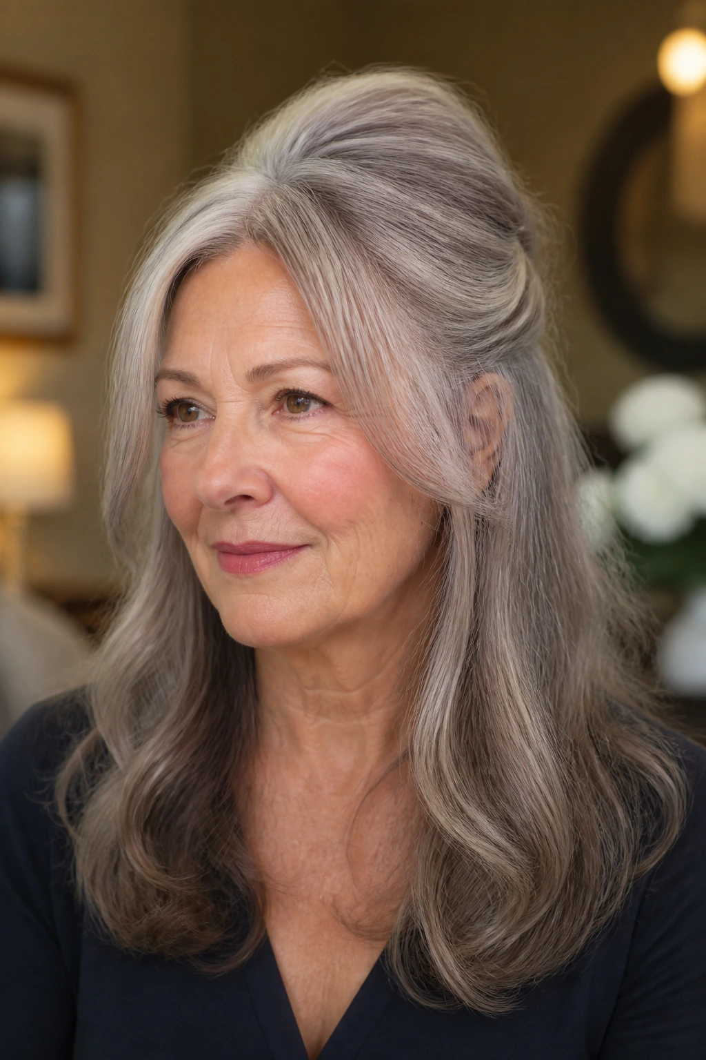 Portrait of a real woman with a half-up twist and crown lift