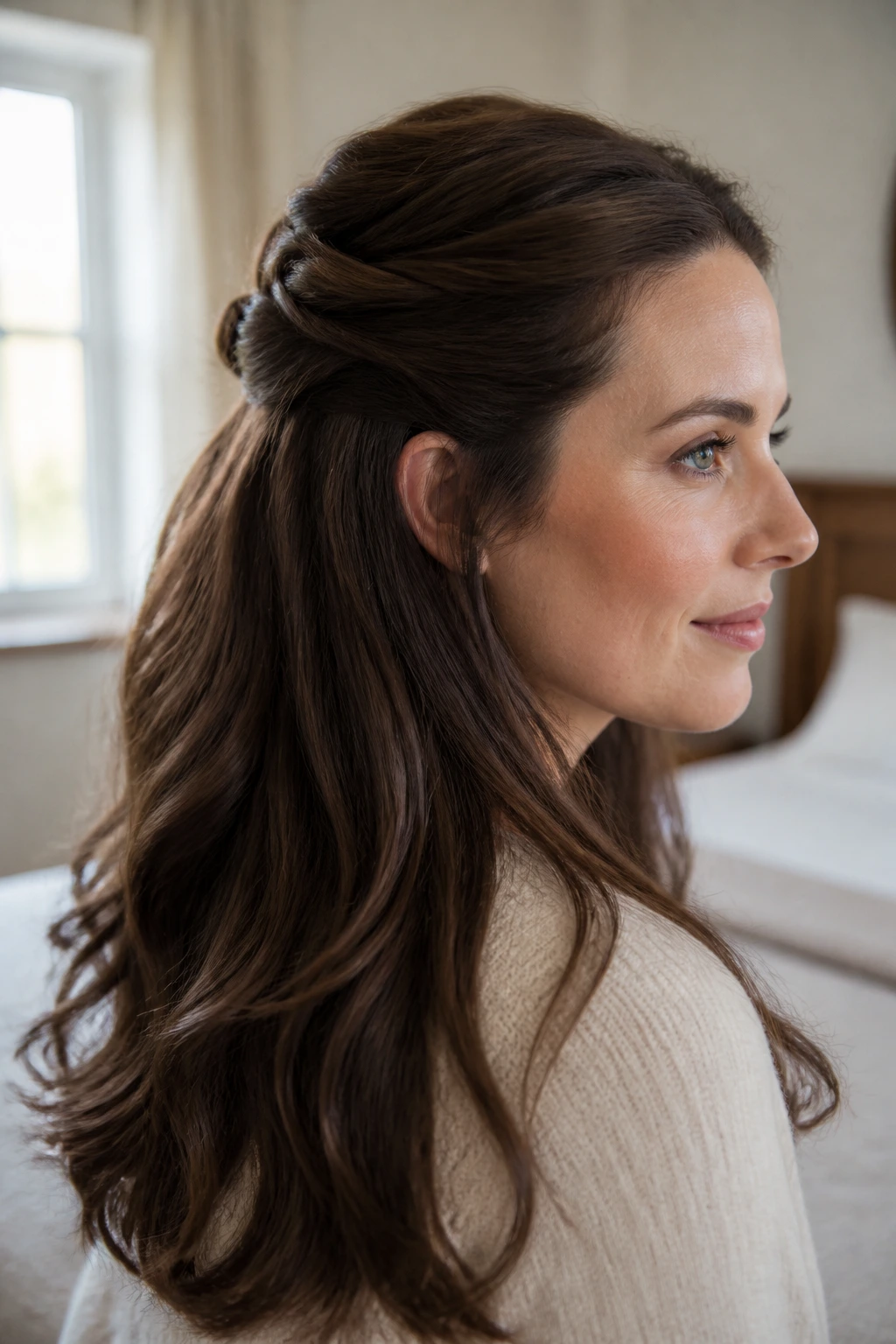 Close-up portrait of a woman with a half-up crown twist, thick hair, natural window light