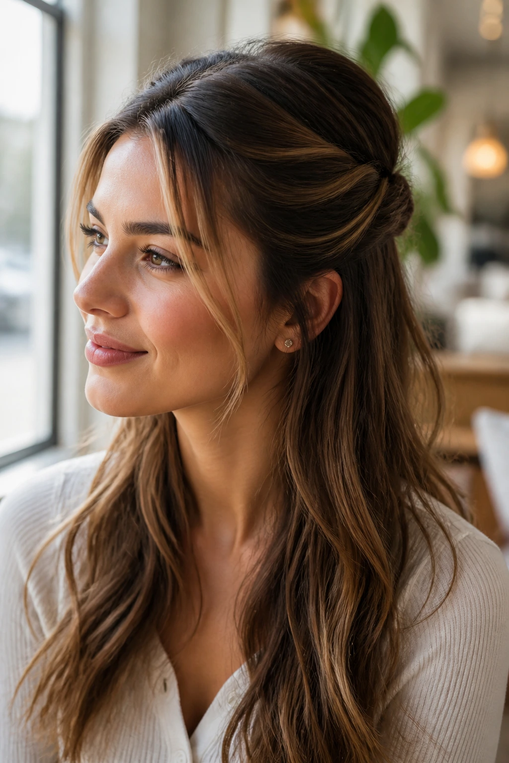 Portrait of a woman with a half-up twist and face-framing pieces