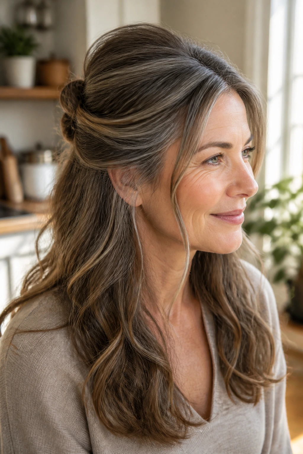 Close-up portrait of a real woman with a soft half-up twist, loose front pieces, warm natural light