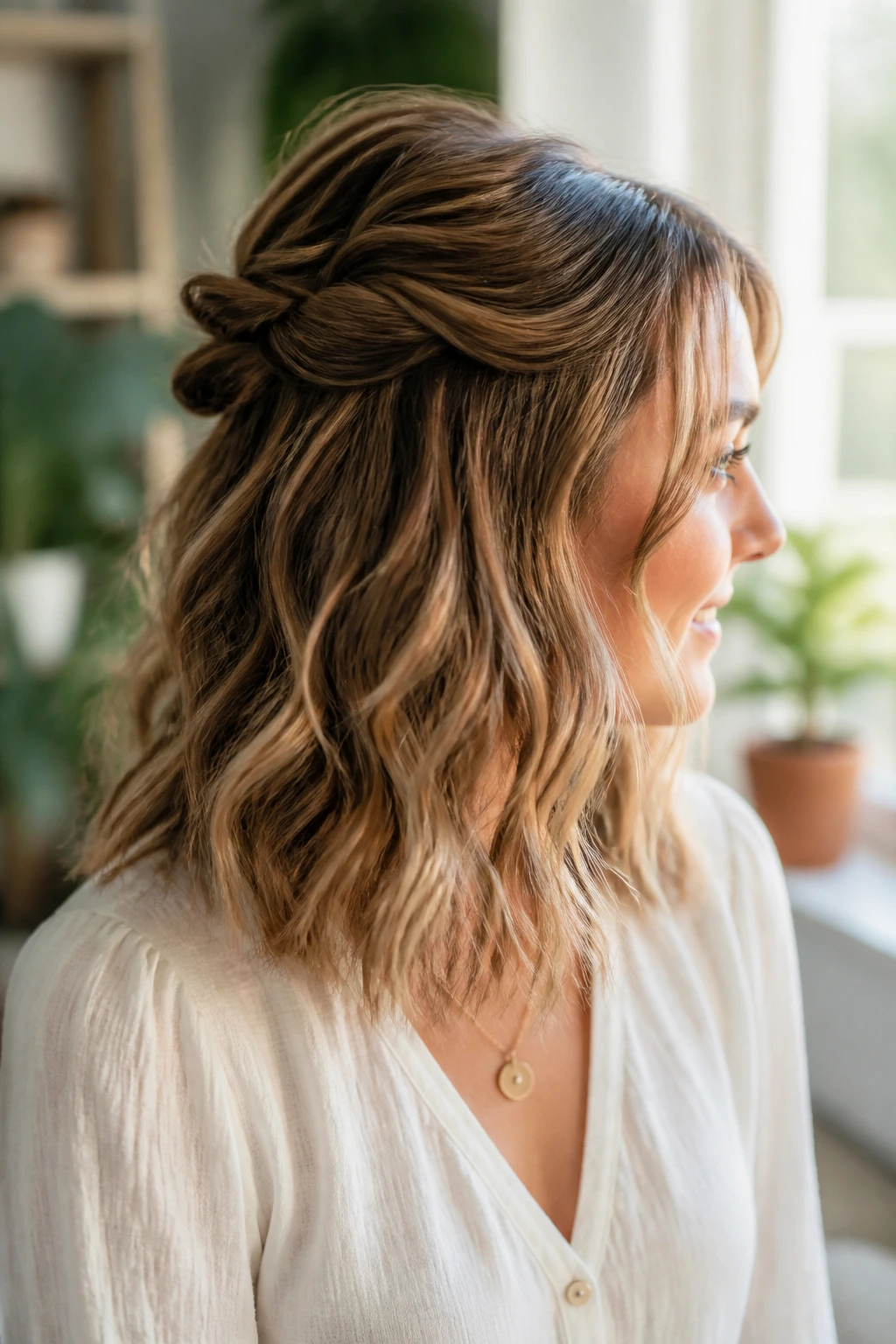 Close-up of a real woman with a half-up twist waves hairstyle at the crown
