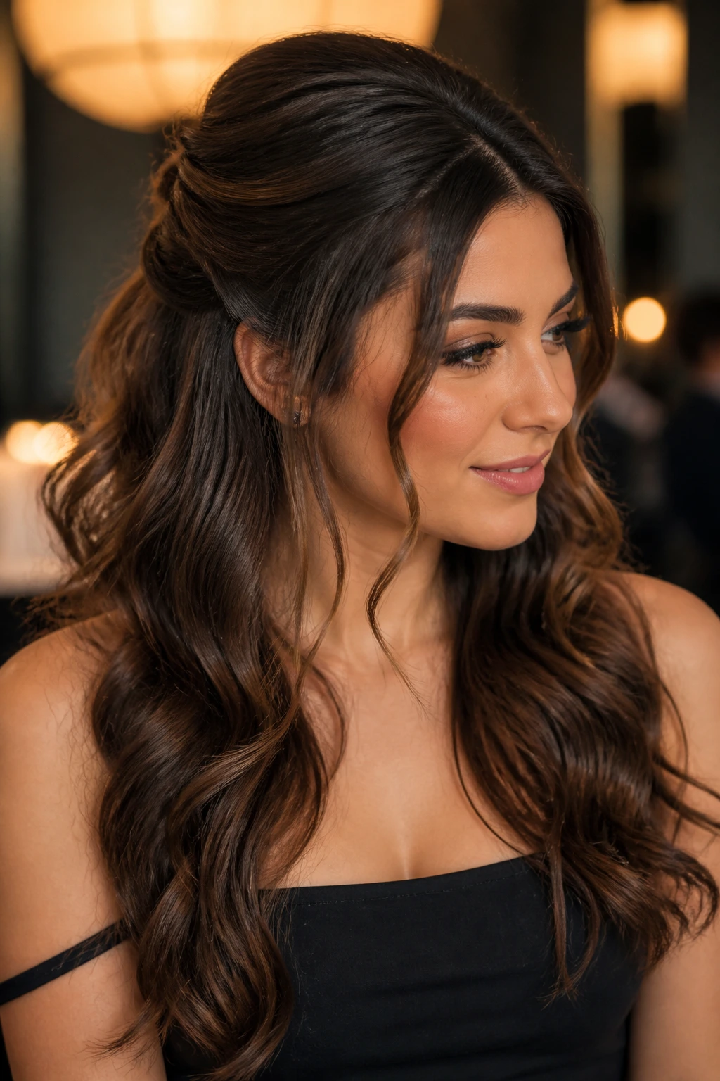 Half-up twist with loose waves on real person, crown lifted