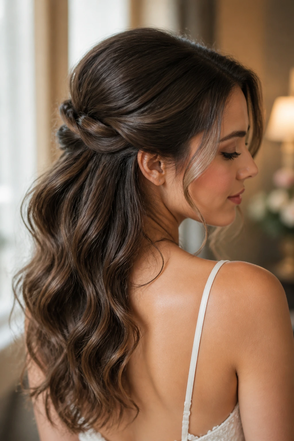 Woman with half-up twist and loose waves portrait