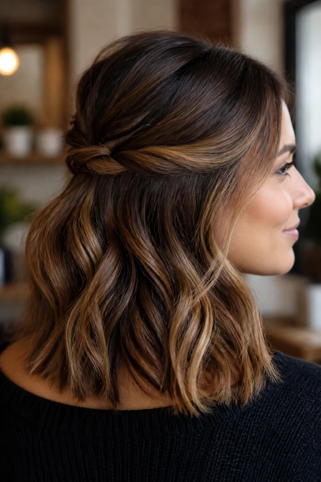 Portrait of a woman with a half-up twist and loose waves