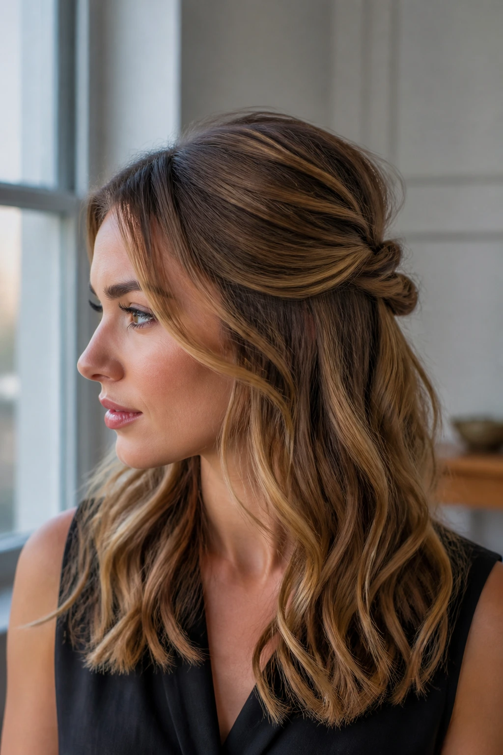 Real person with half-up twist and loose waves featuring caramel highlights