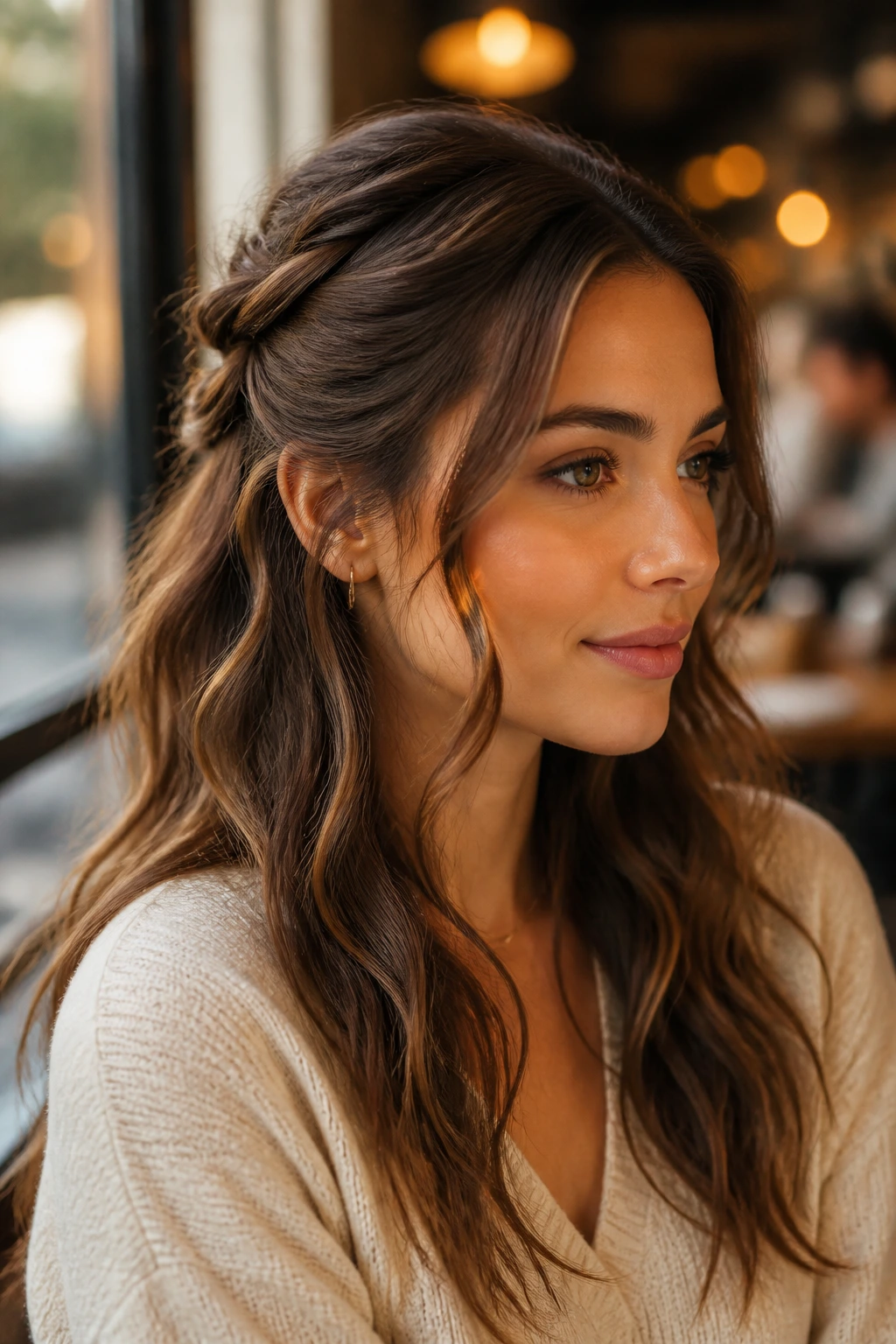 Close-up of an oval-faced woman with a half-up twist and loose waves.