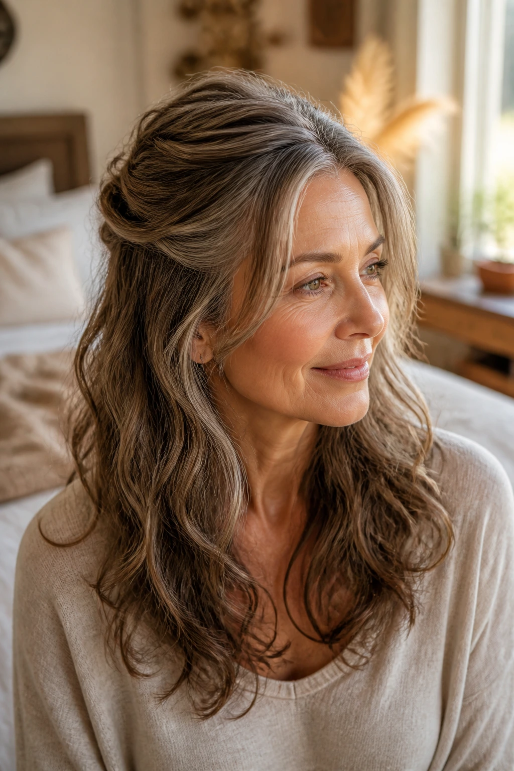 Portrait of a real woman with a half-up twist and soft volume