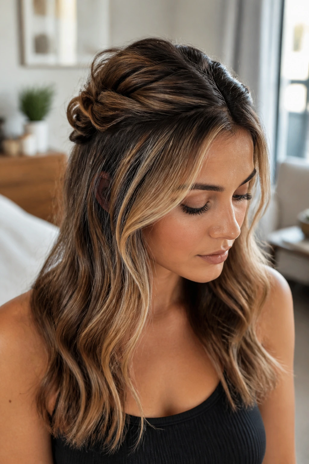 Brunette with half-up twist and wavy lengths, close-up.
