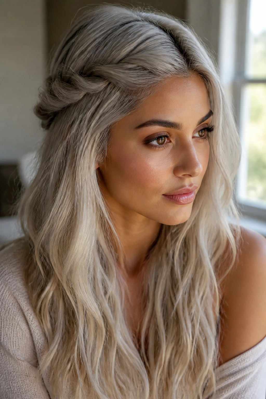 Close-up portrait of a real woman with half-up twisted crown platinum blonde hair on olive skin