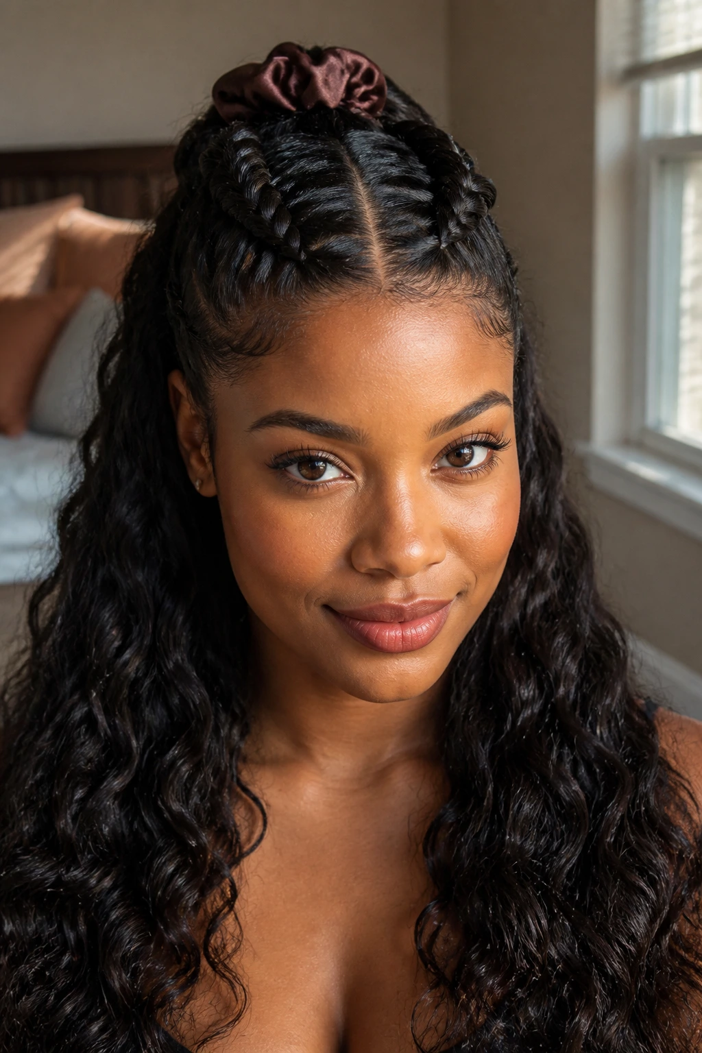 Close-up of real woman with half-up, half-down two braids