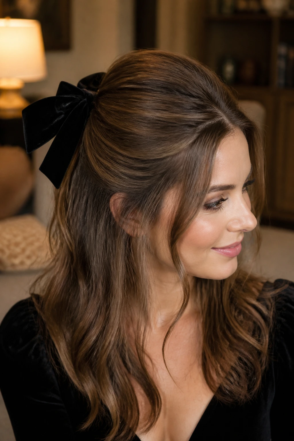 Back view of a real woman wearing a velvet bow half-up hairstyle