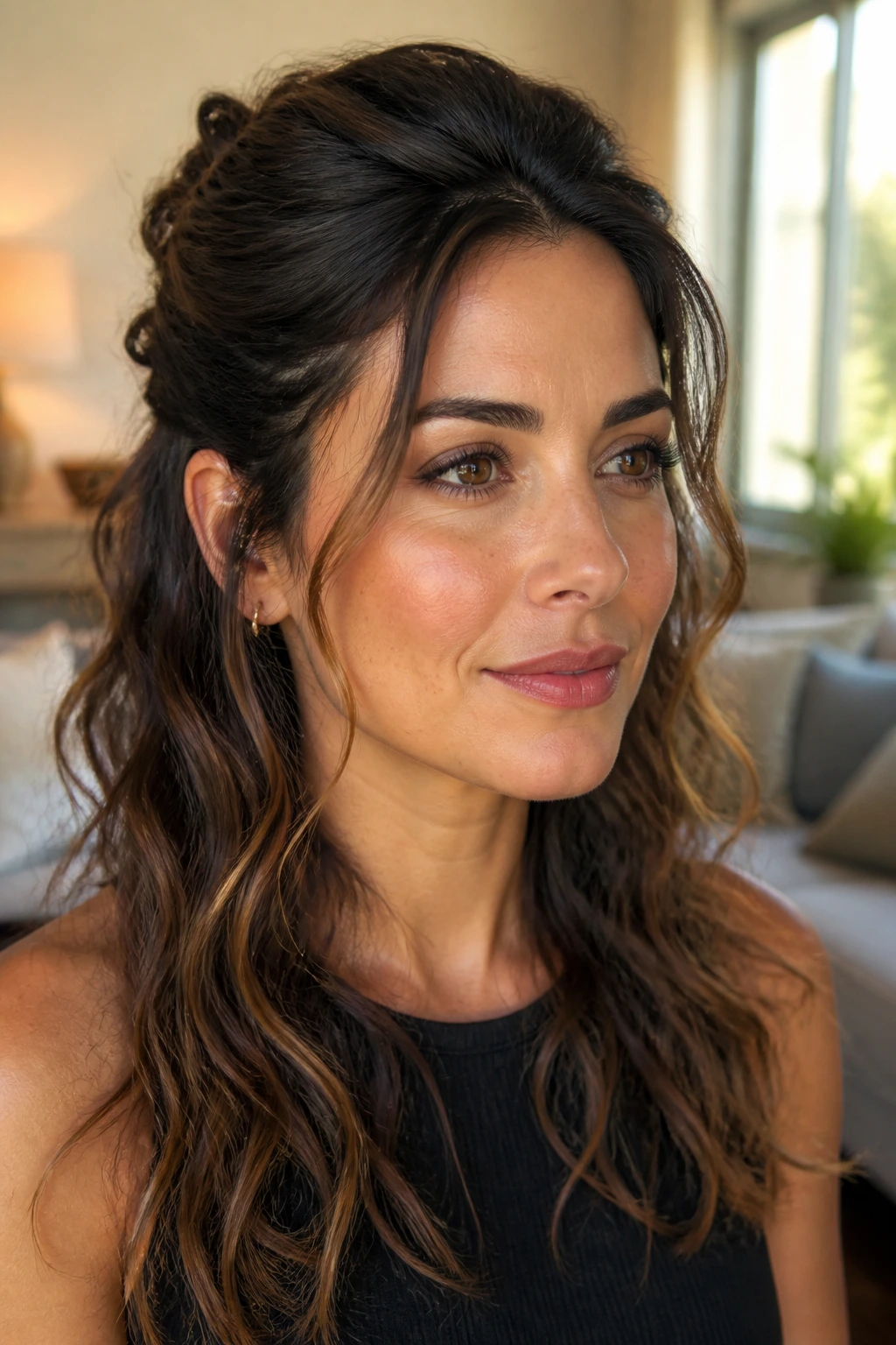 Close-up of a real woman with half-up wave sweep featuring temple pieces in warm light