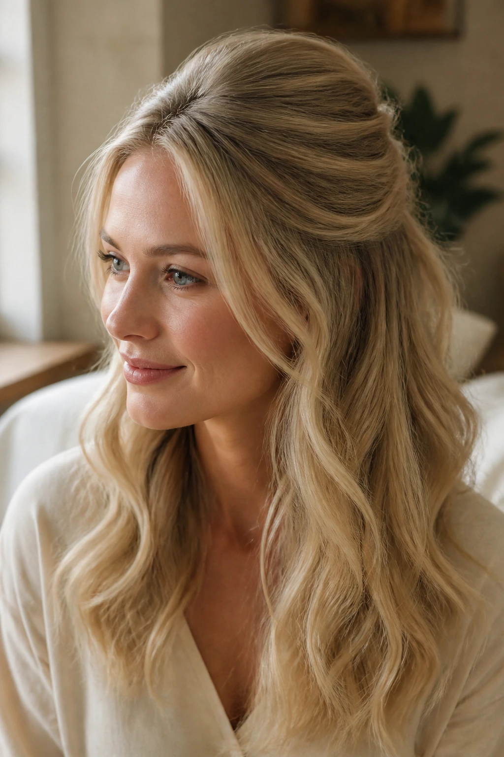 Close-up of a real woman with half-up blonde waves and soft crown puff