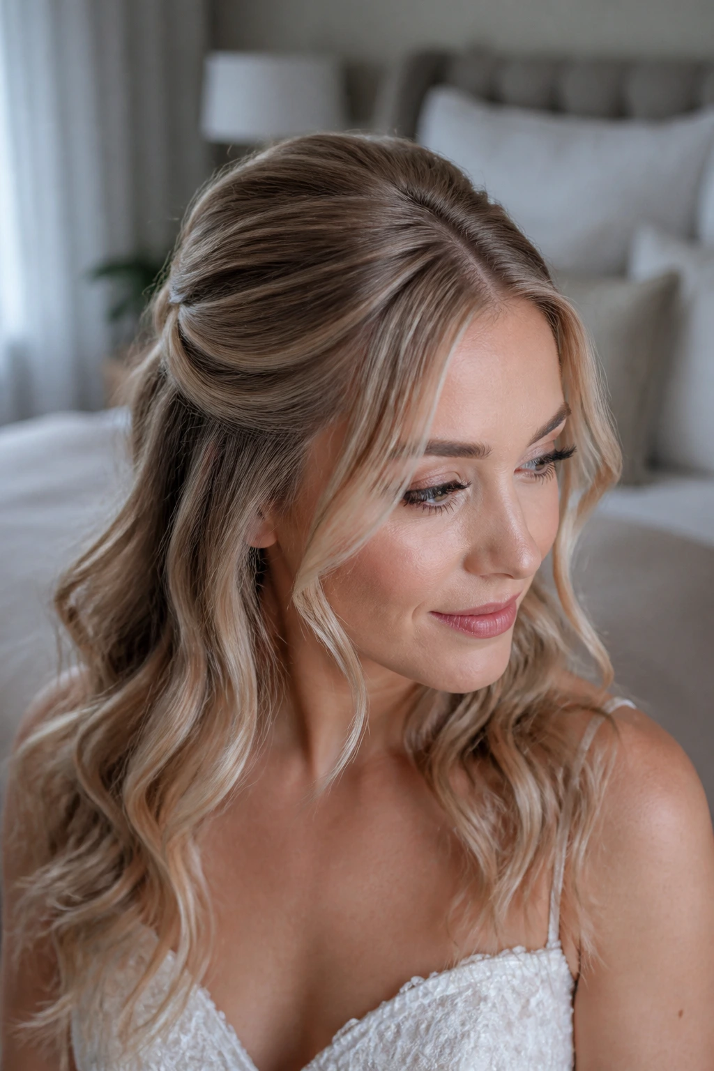 Bride with half-up waves and face-framing pieces