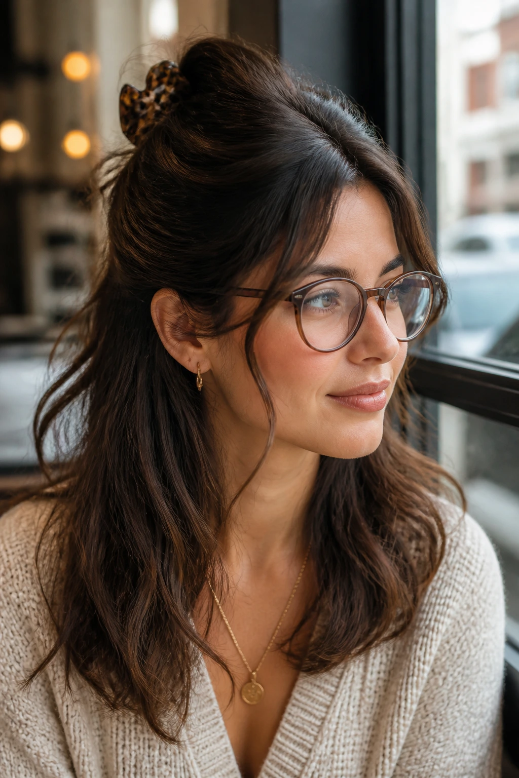 Close-up portrait of a real woman with half-up waves and a claw clip
