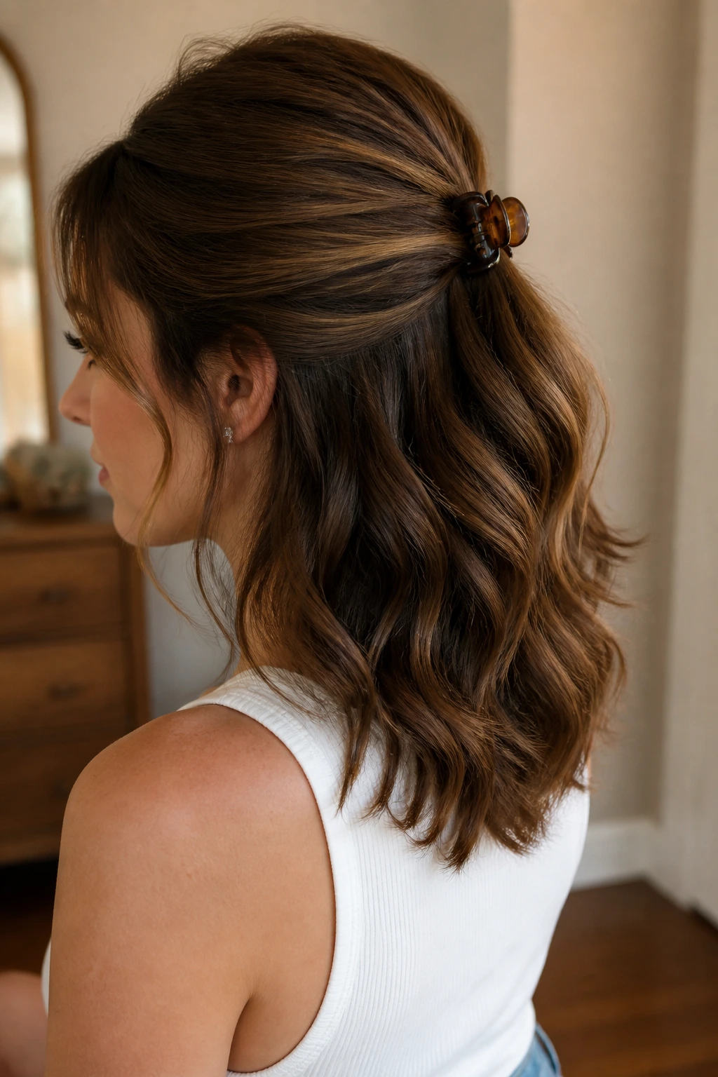 Half-up waves with crown lift secured by a claw clip on a real person