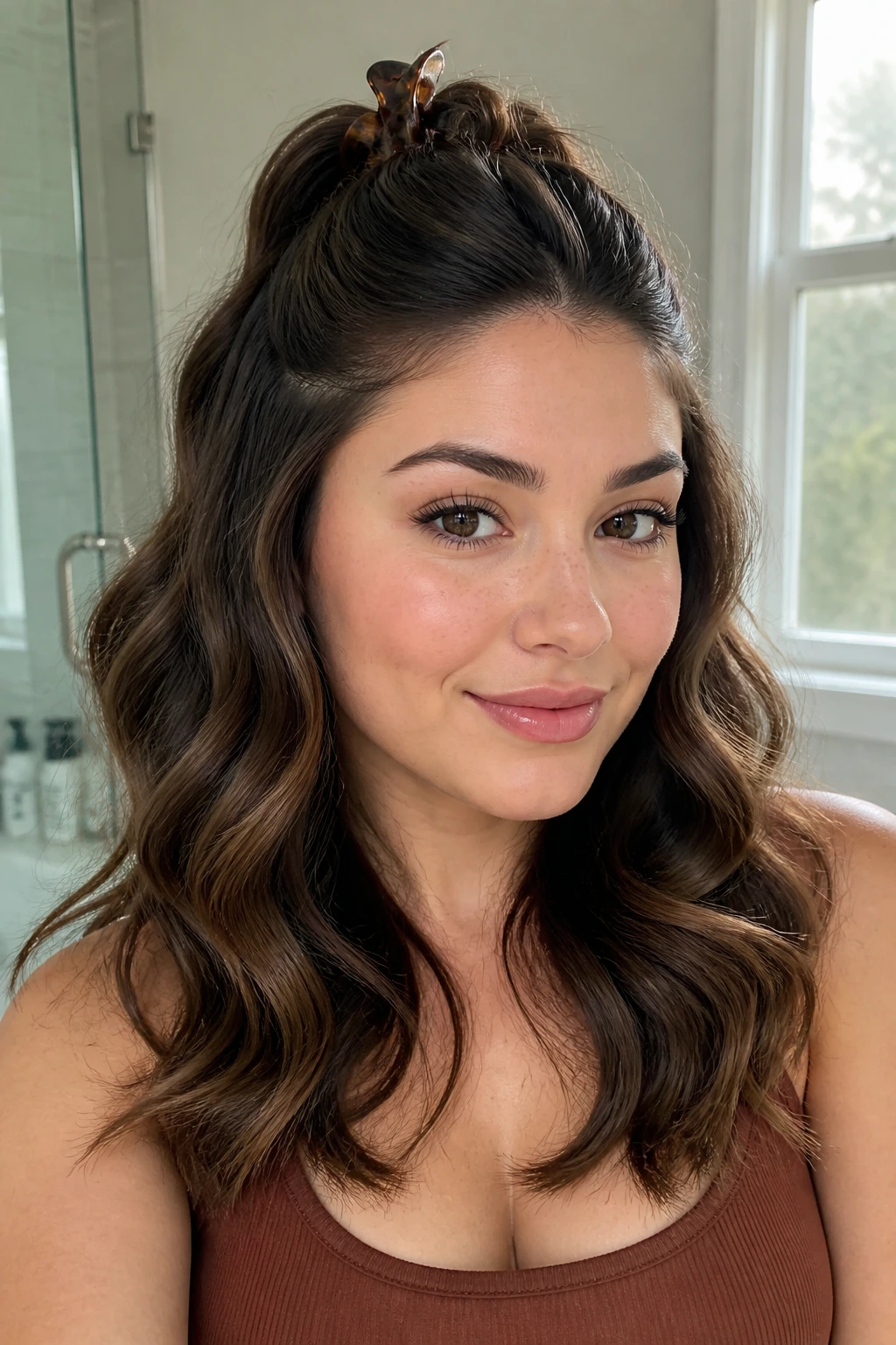 Close-up portrait of a real woman with half-up waves showing a pulled-back crown and loose lower waves, natural light