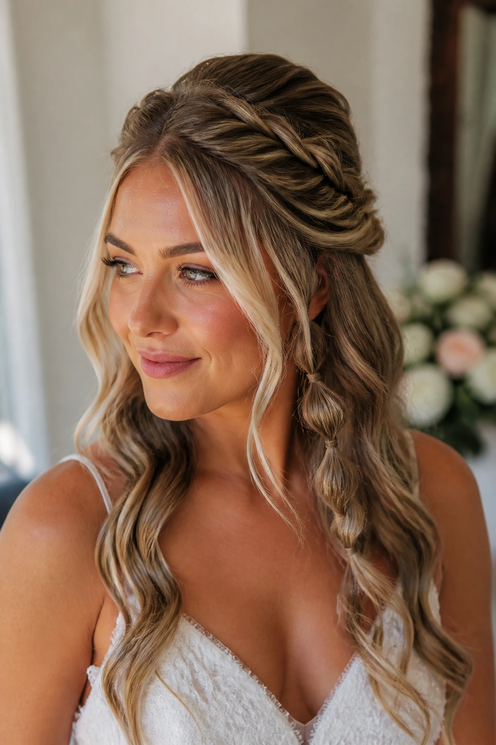 Close-up of a real bride with a half-up hairstyle featuring money-piece highlights and multiple adaptation details
