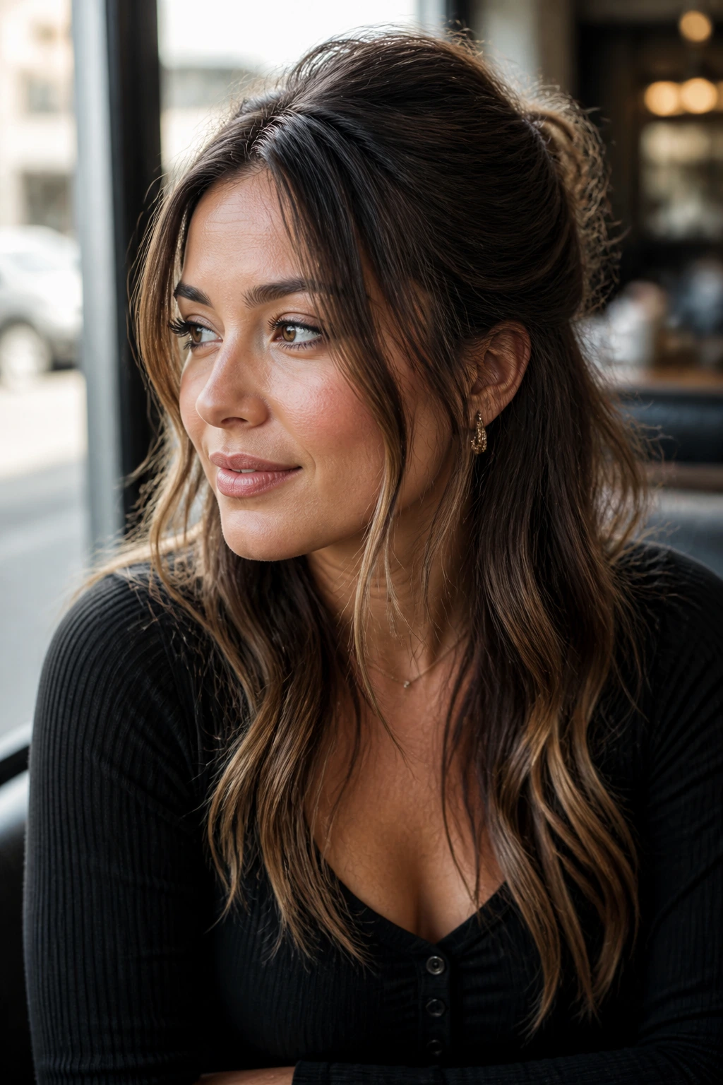 Medium close-up of a woman with half-up wispy tendrils by cafe window