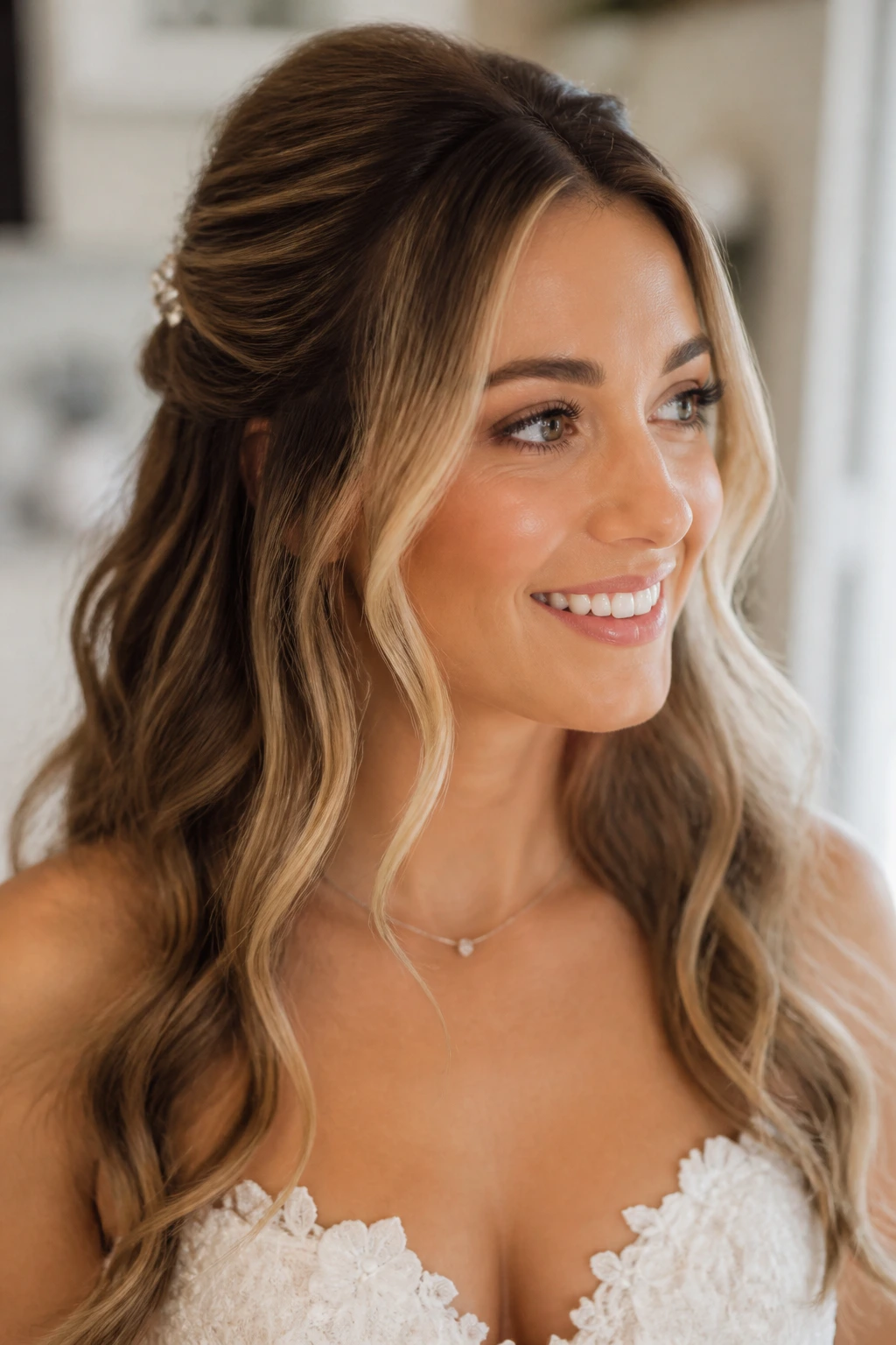 Close-up of a bride with a half-up hairstyle and money-piece highlights framing her face