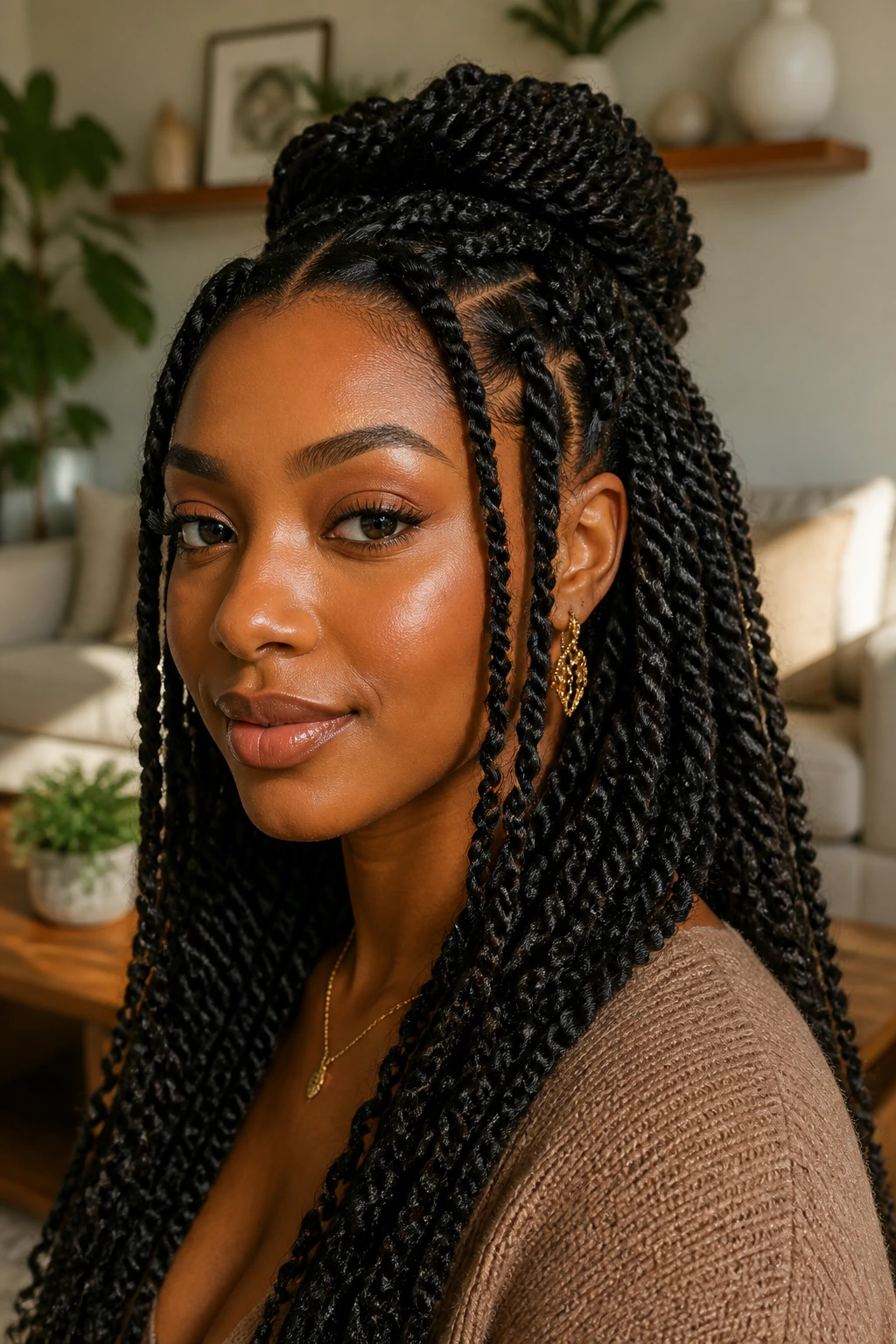 Close-up portrait of a real woman with half-up crown twists in a sunlit living room.