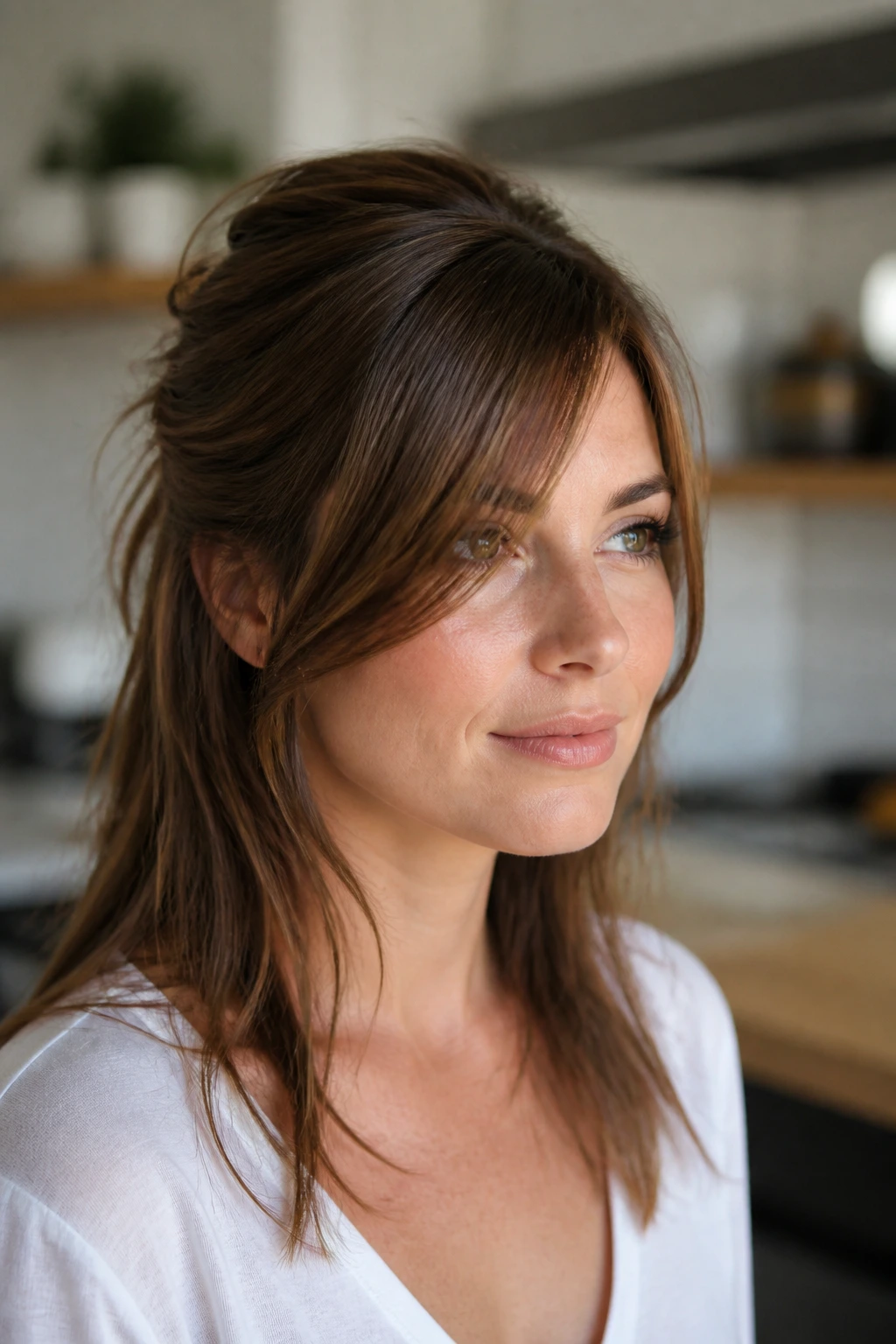 Close-up portrait of a real woman with half-up swept front hairstyle in a bright kitchen