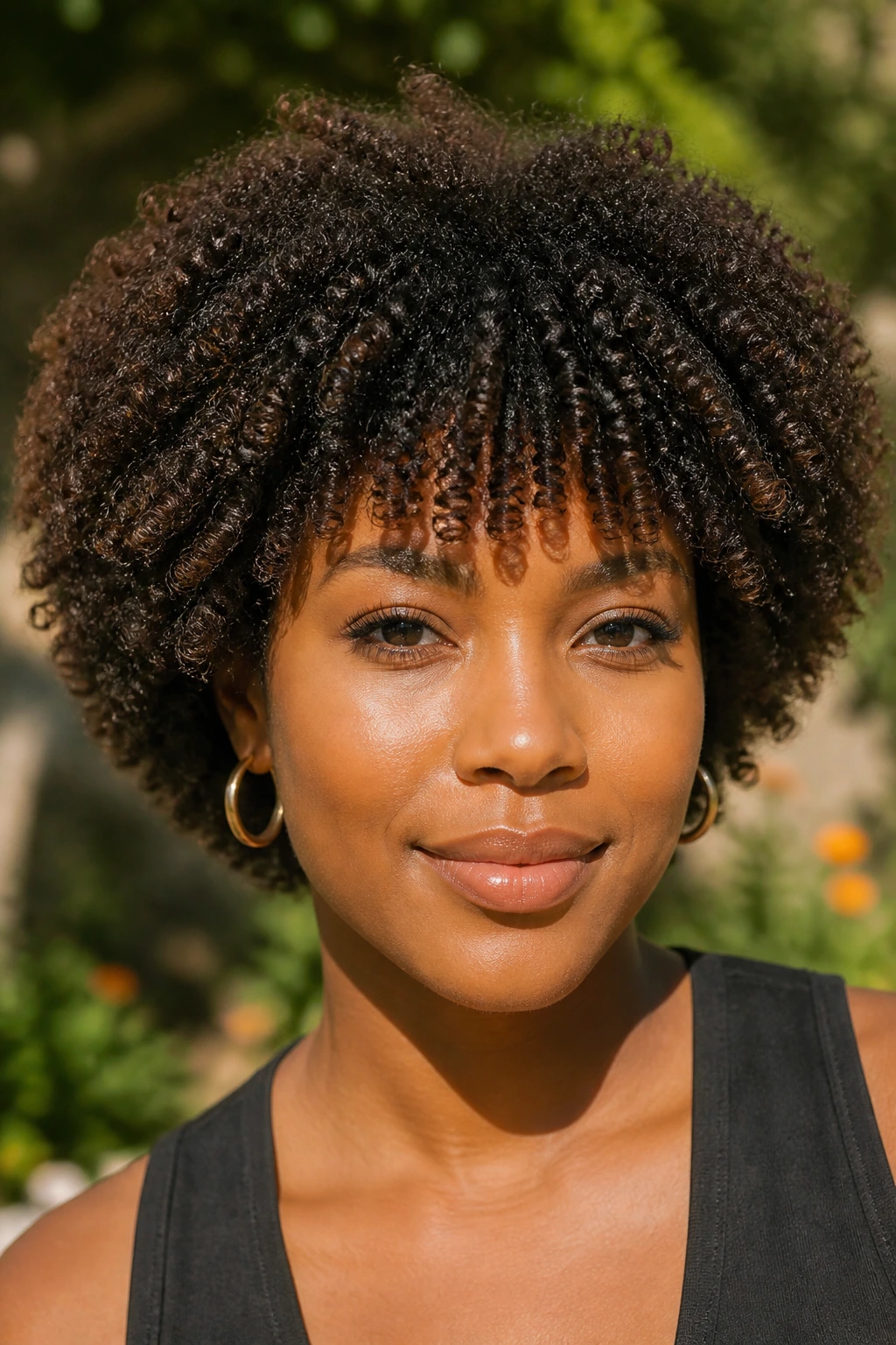 Close up of a real Black woman with halo Afro and broken ringlet fringe