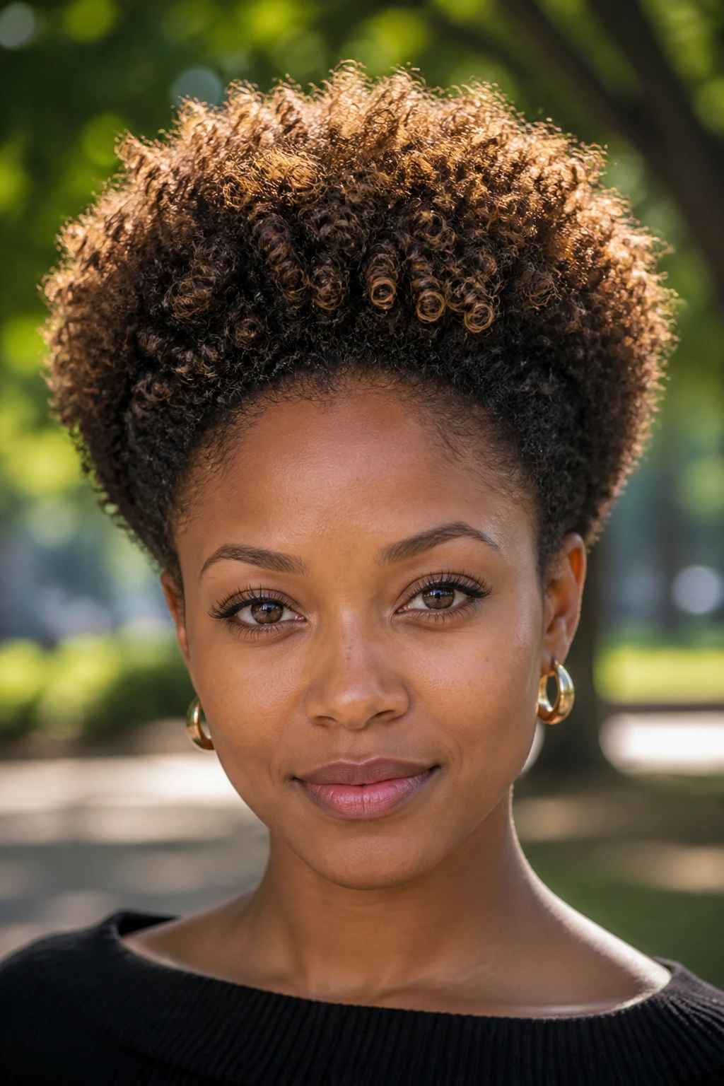 Close-up of a real woman with a tapered afro and halo babylights.