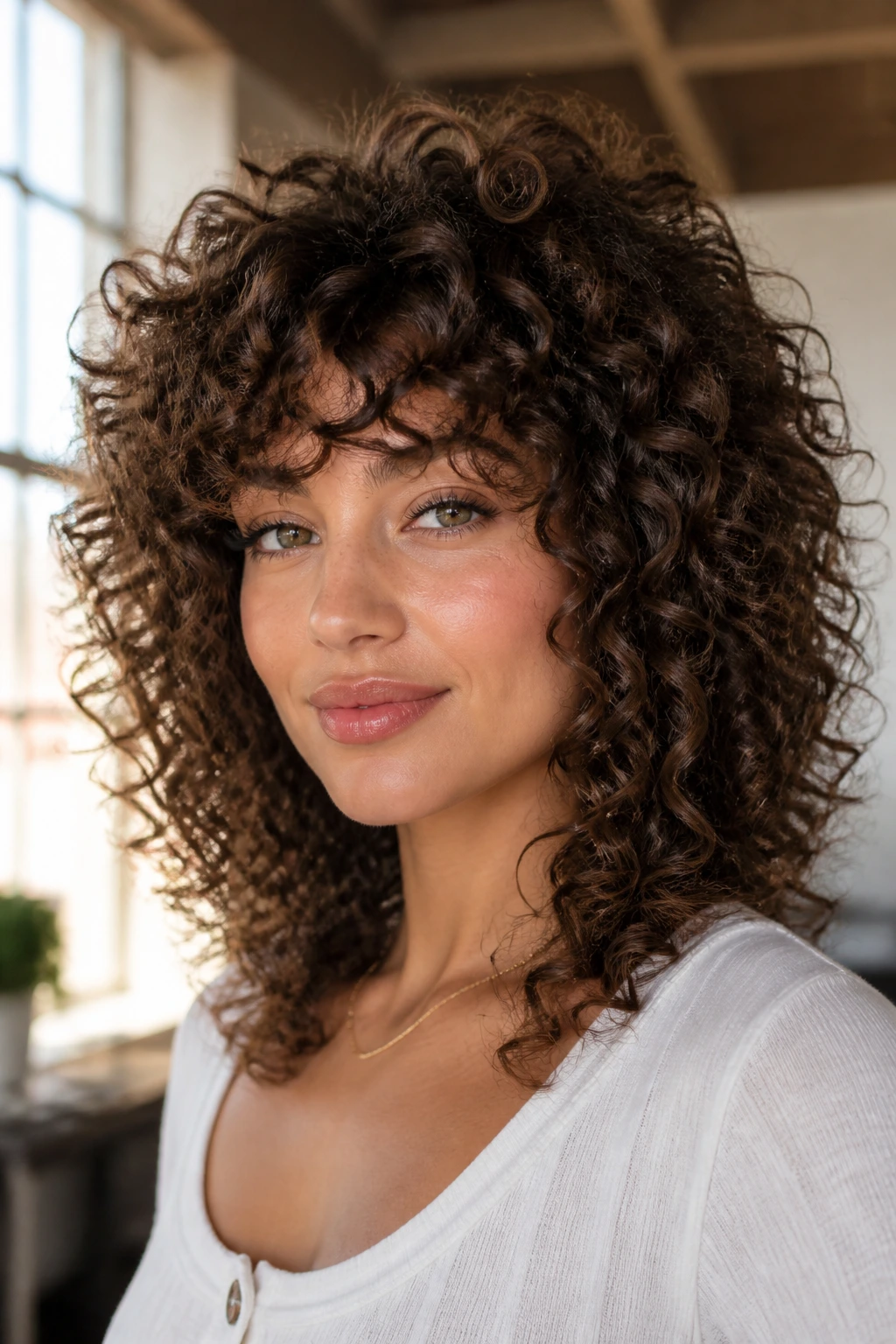Close-up of a real person with halo bangs and crown volume in a sunny room