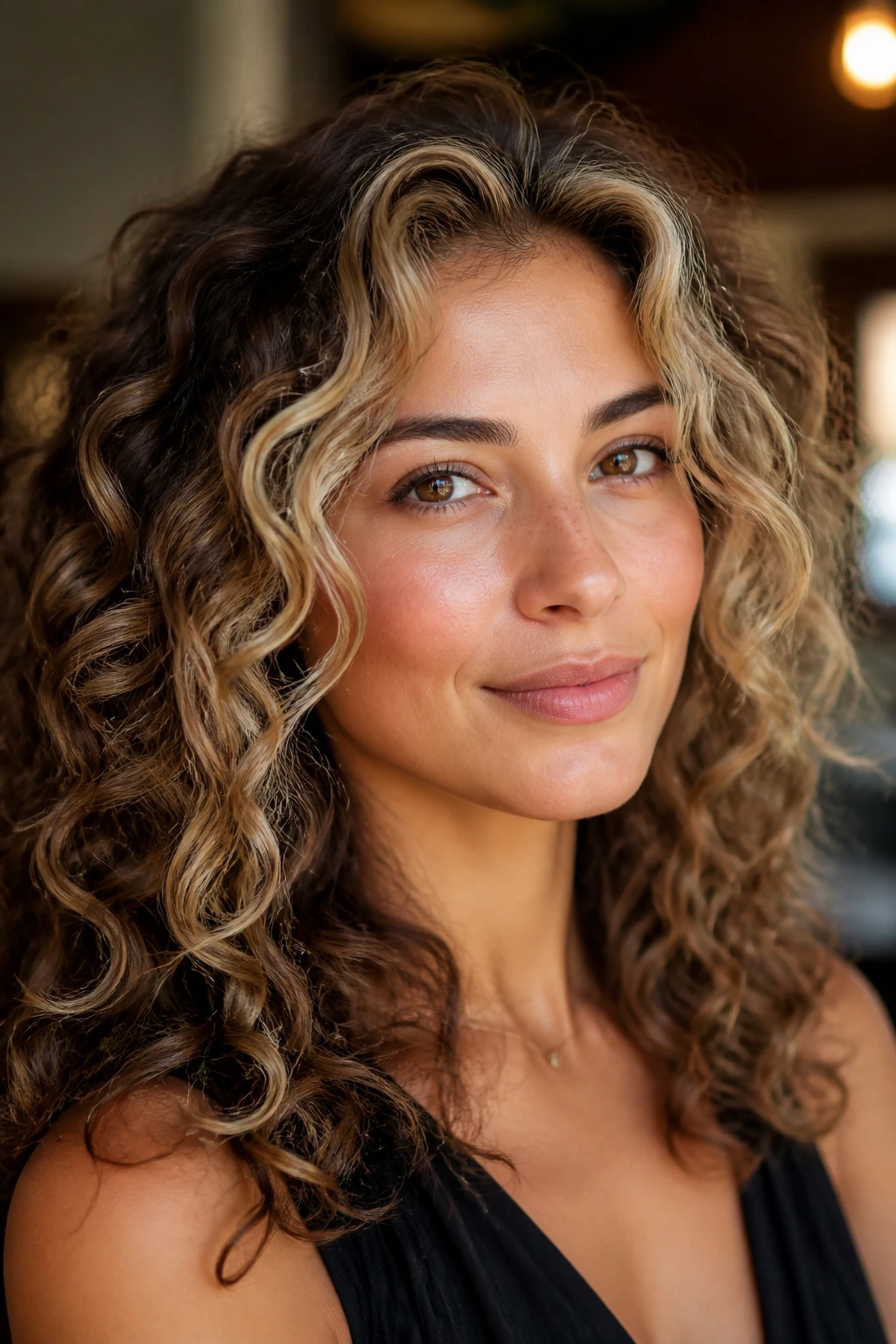Portrait of a curly-haired woman with halo blonde highlights around the face