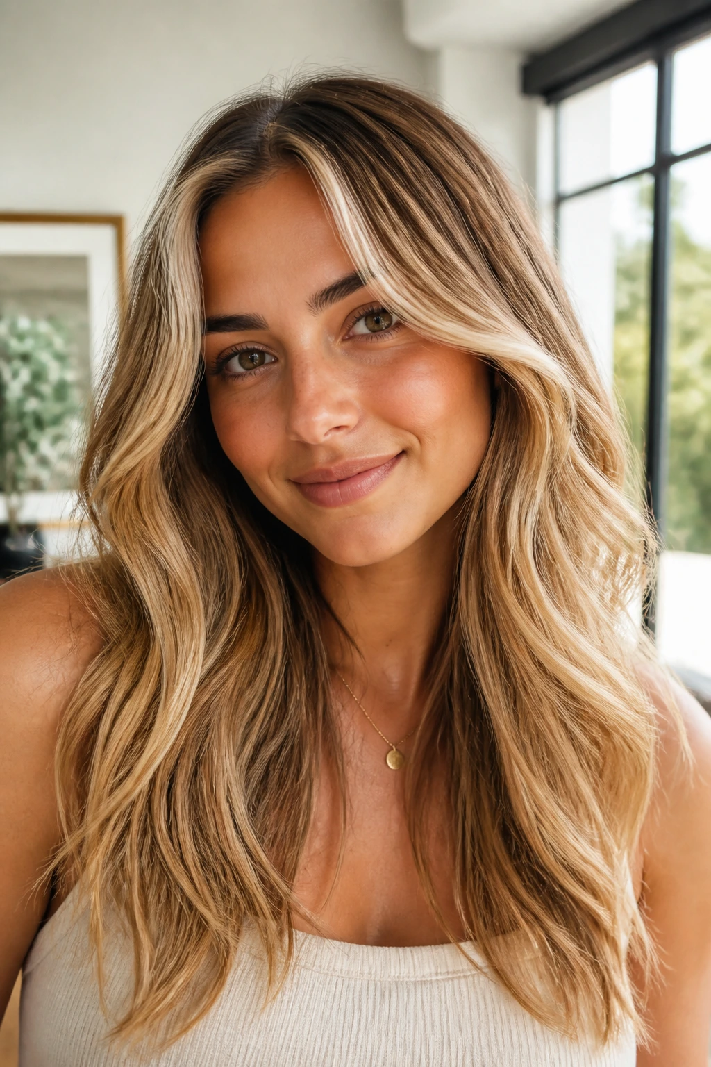 Portrait of a woman with melted halo blonde framing the face in natural daylight