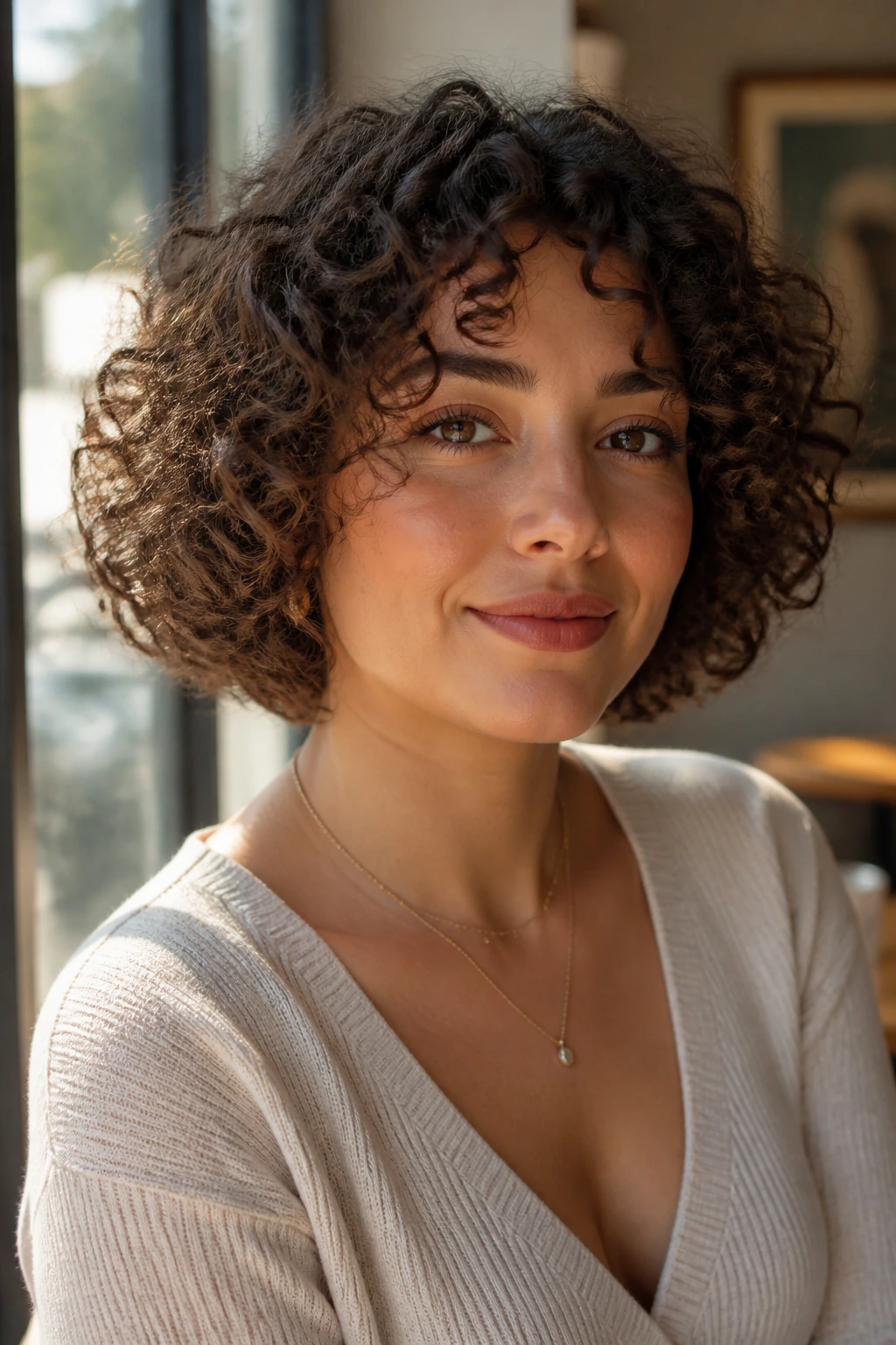 Close-up of a real woman with halo-shaped bob and rounded volume in warm natural light.