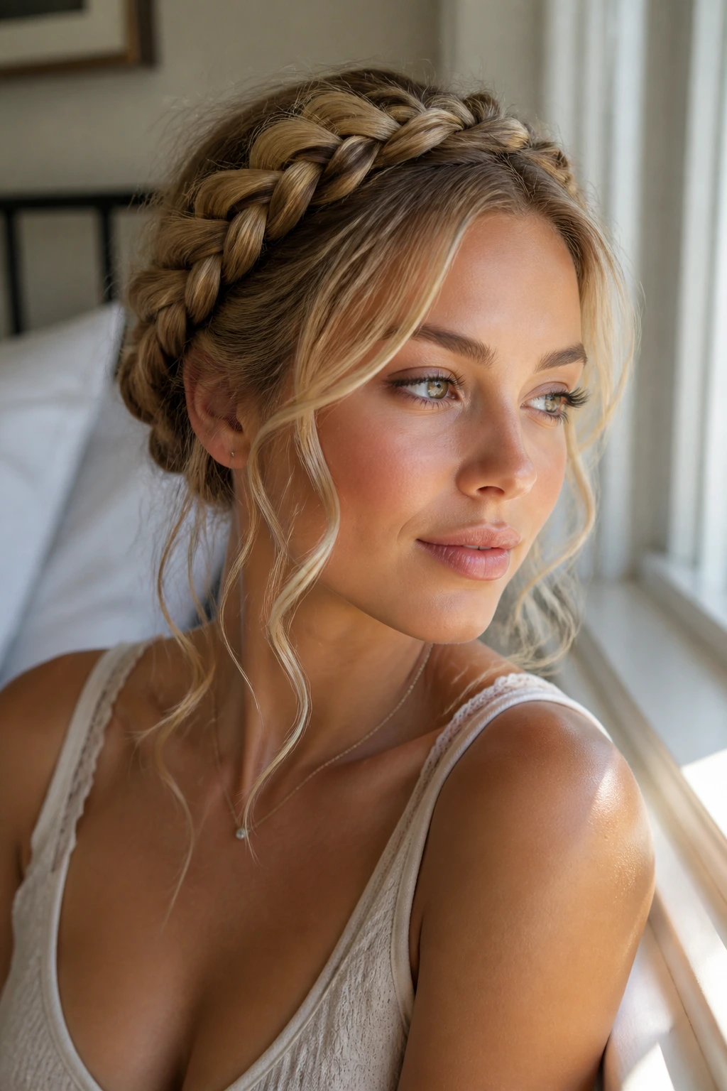 Close-up of halo braid with airy face pieces on a real woman