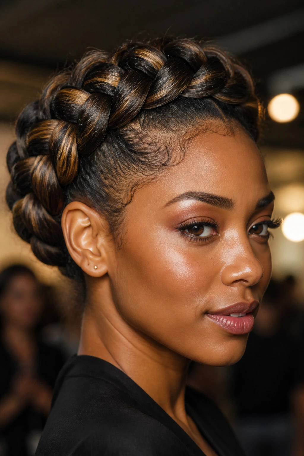 Close-up of a real woman with halo braid and babylights along the edges