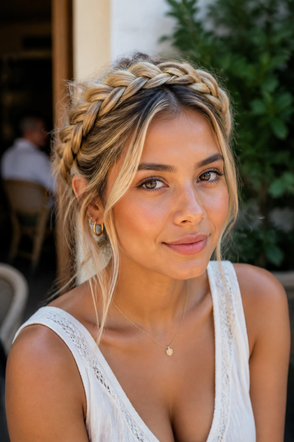 Close-up portrait of a woman with a halo braid on soft blonde hair, natural window light