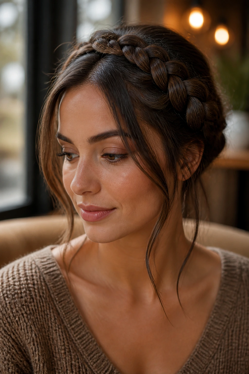 Brunette wearing halo braid with released front pieces in warm light.