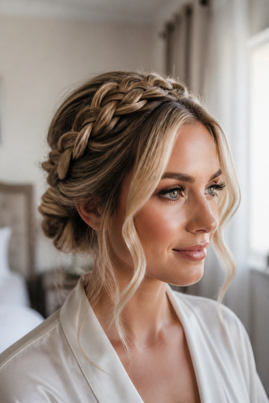 Portrait of a real woman wearing a halo braid bun with soft, curved edges