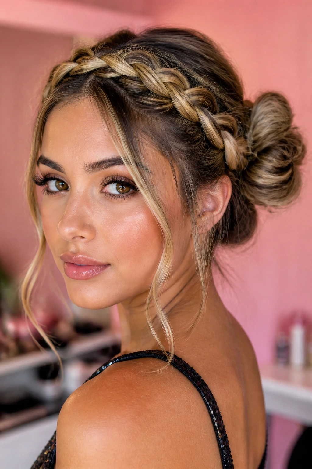 Close-up of real woman with halo braided front and double buns at back with face framing pieces
