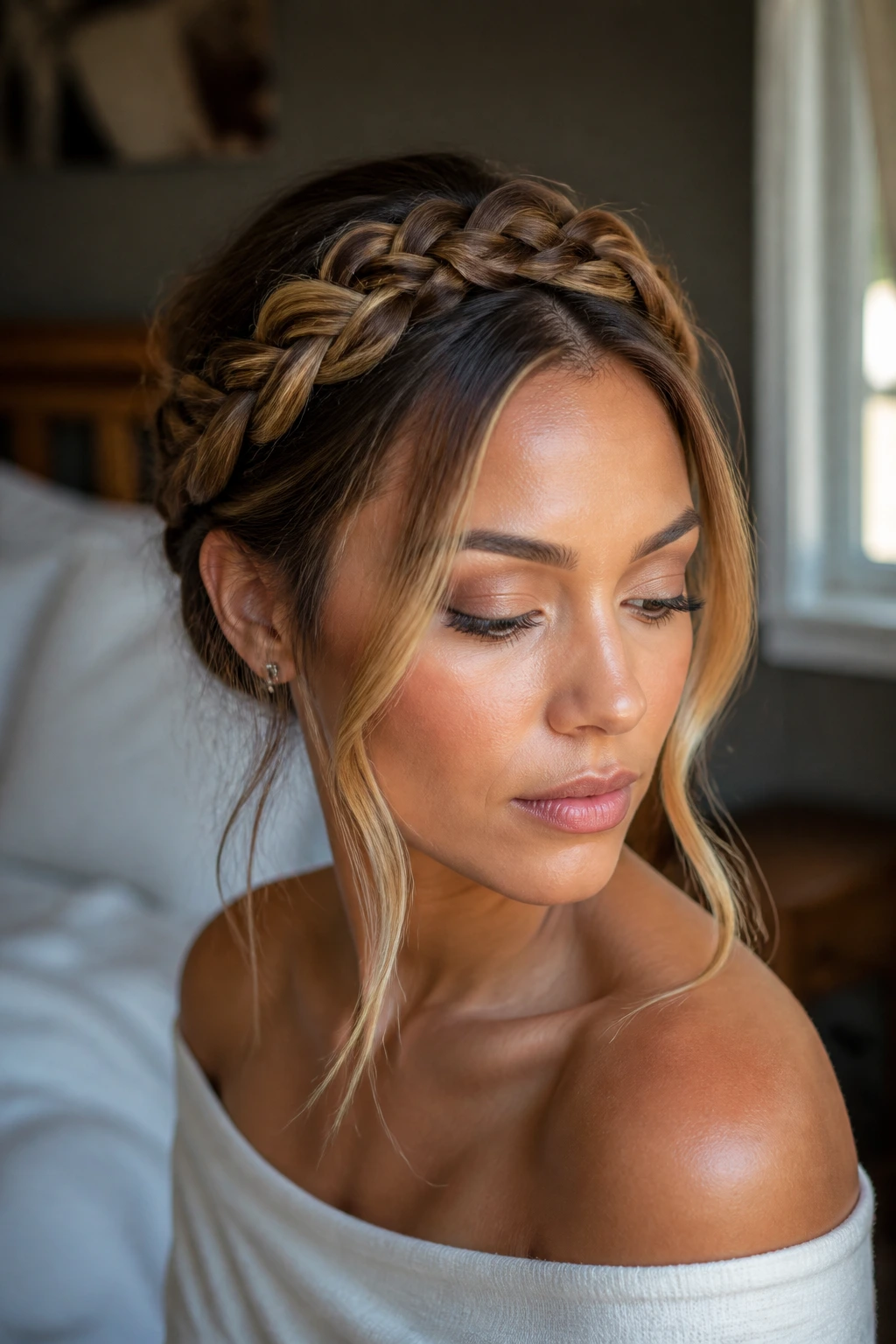 Close-up of a real woman with a loose halo braid and face-framing pieces with caramel highlights