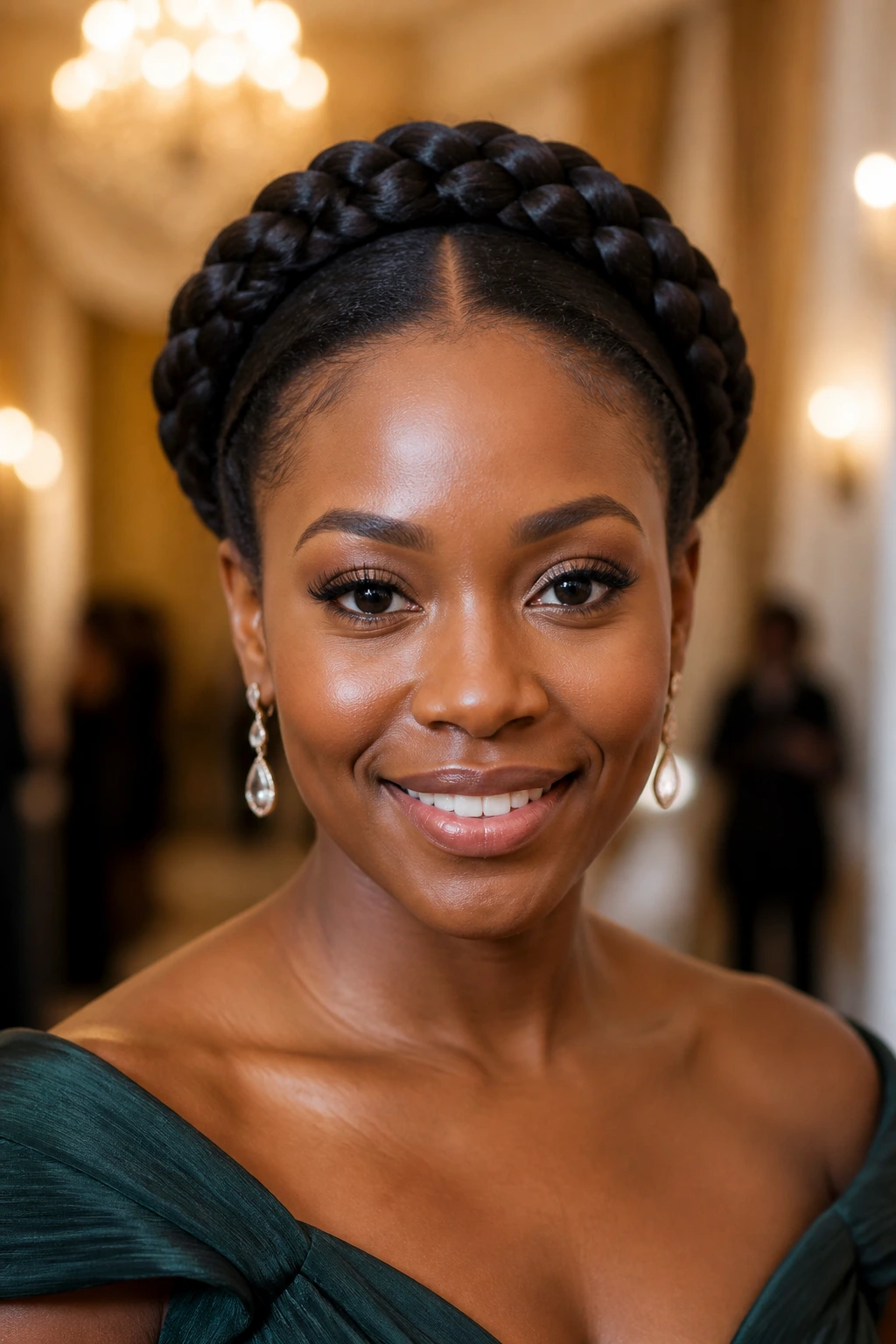 Close-up of a real person wearing a halo braid crown around the head.