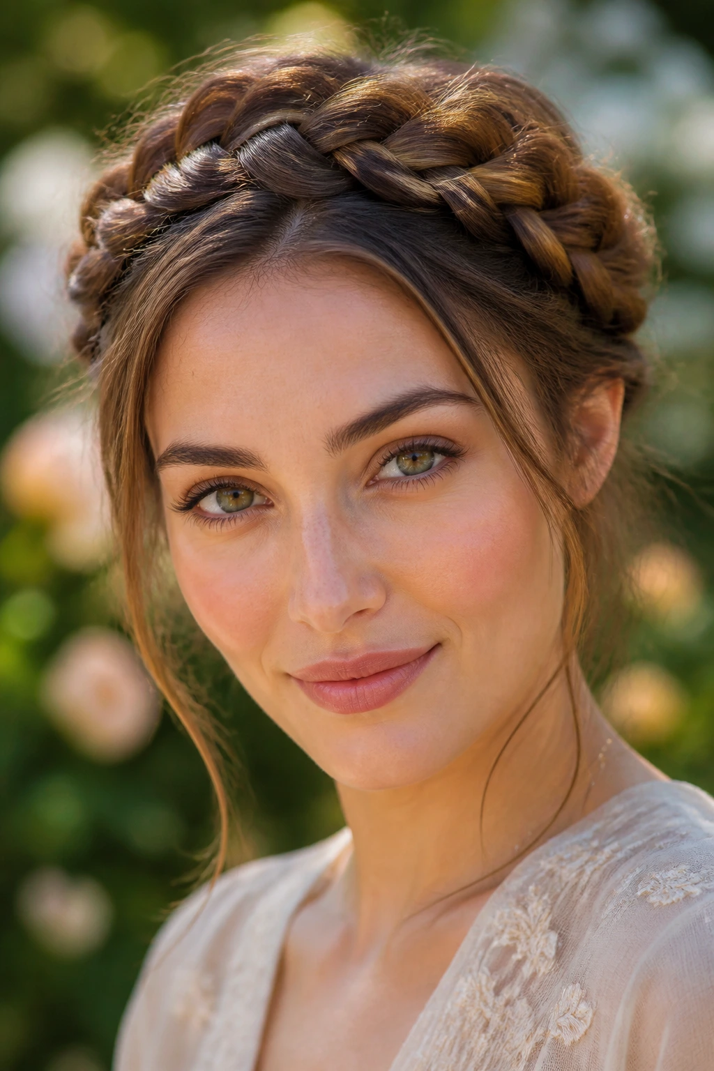 Close-up of a real woman with a halo crown French braid around the head